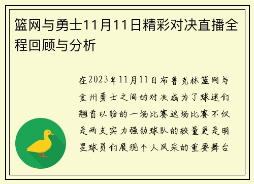 篮网与勇士11月11日精彩对决直播全程回顾与分析