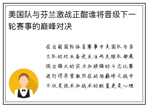 美国队与芬兰激战正酣谁将晋级下一轮赛事的巅峰对决