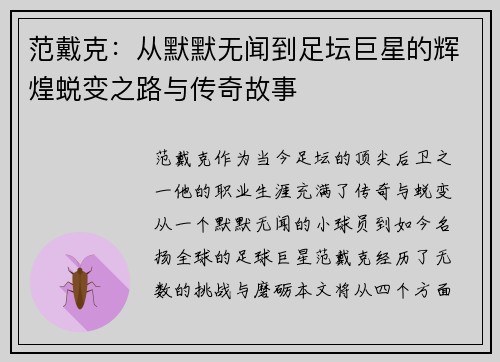 范戴克：从默默无闻到足坛巨星的辉煌蜕变之路与传奇故事