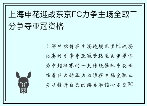 上海申花迎战东京FC力争主场全取三分争夺亚冠资格