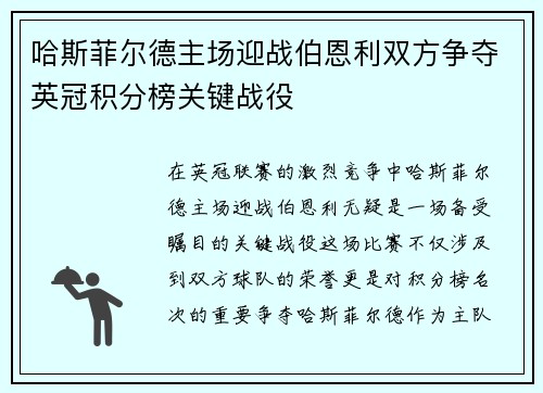 哈斯菲尔德主场迎战伯恩利双方争夺英冠积分榜关键战役