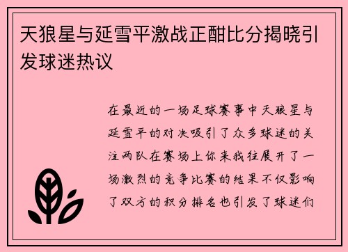 天狼星与延雪平激战正酣比分揭晓引发球迷热议