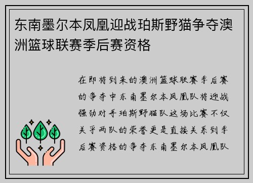 东南墨尔本凤凰迎战珀斯野猫争夺澳洲篮球联赛季后赛资格