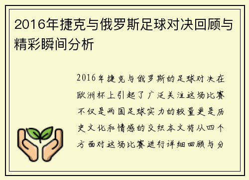 2016年捷克与俄罗斯足球对决回顾与精彩瞬间分析