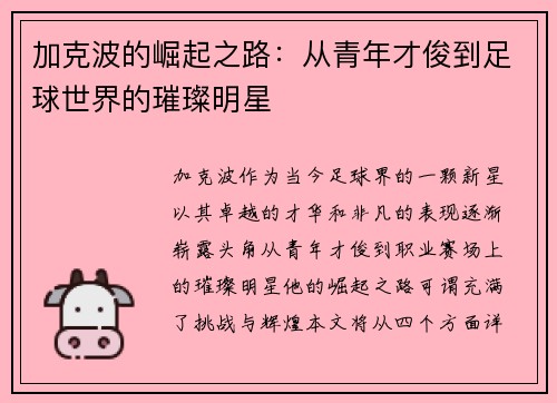 加克波的崛起之路：从青年才俊到足球世界的璀璨明星