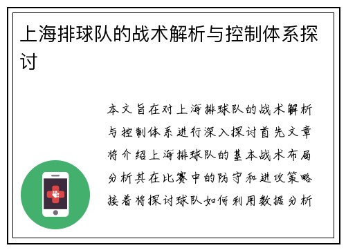 上海排球队的战术解析与控制体系探讨