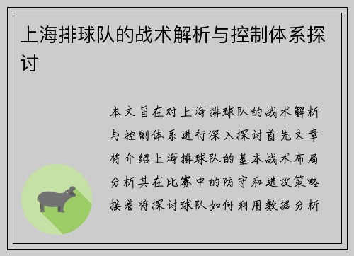 上海排球队的战术解析与控制体系探讨