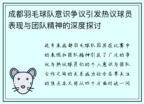成都羽毛球队意识争议引发热议球员表现与团队精神的深度探讨