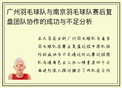 广州羽毛球队与南京羽毛球队赛后复盘团队协作的成功与不足分析