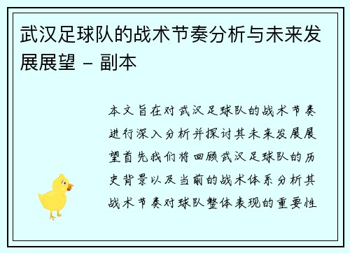 武汉足球队的战术节奏分析与未来发展展望 - 副本