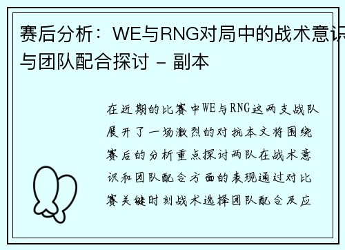 赛后分析：WE与RNG对局中的战术意识与团队配合探讨 - 副本