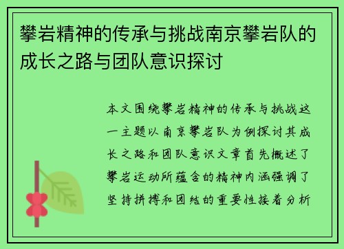 攀岩精神的传承与挑战南京攀岩队的成长之路与团队意识探讨